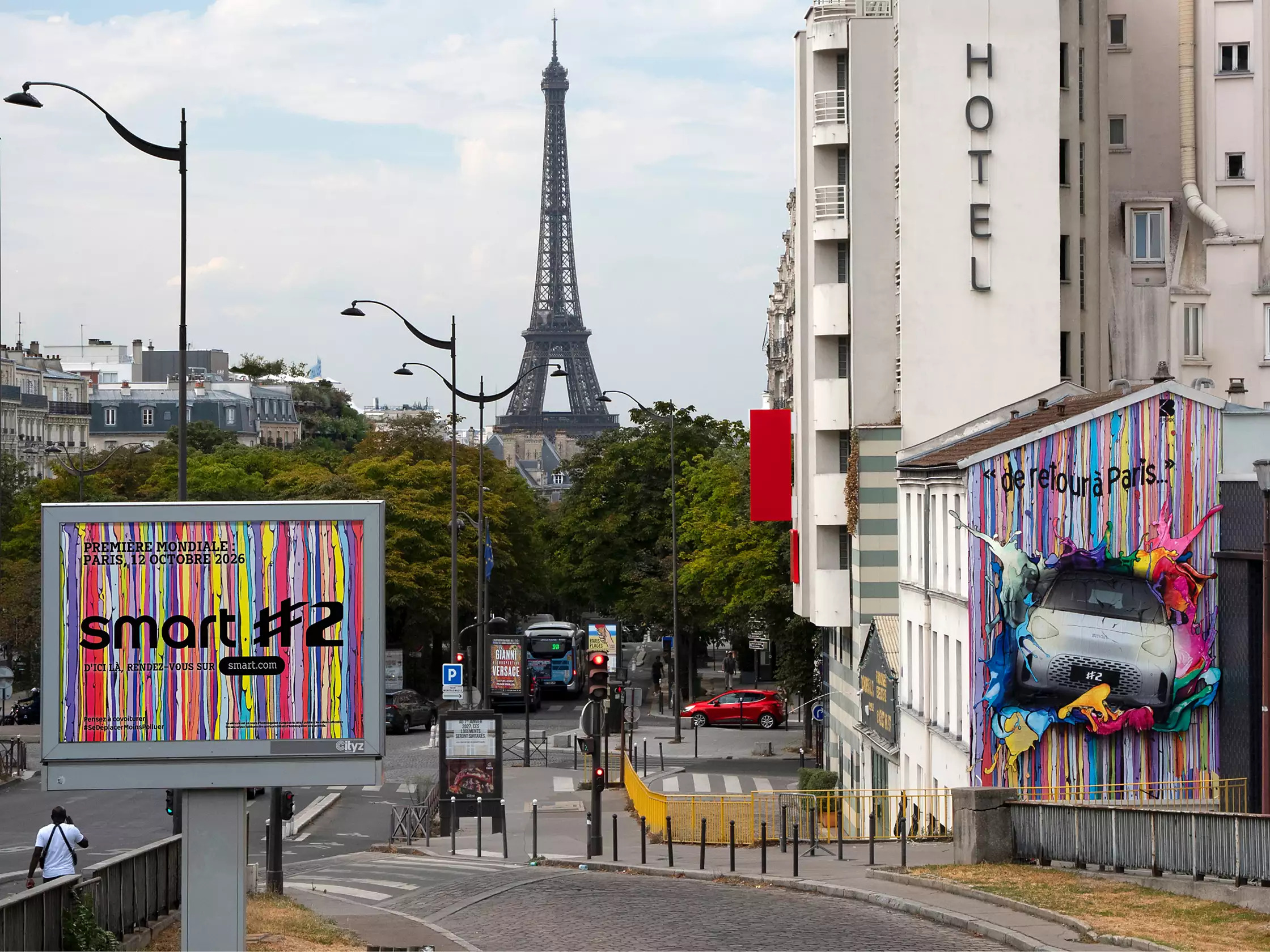 fresque murale urbaine coloree du smart Street Art Project representant la citadine