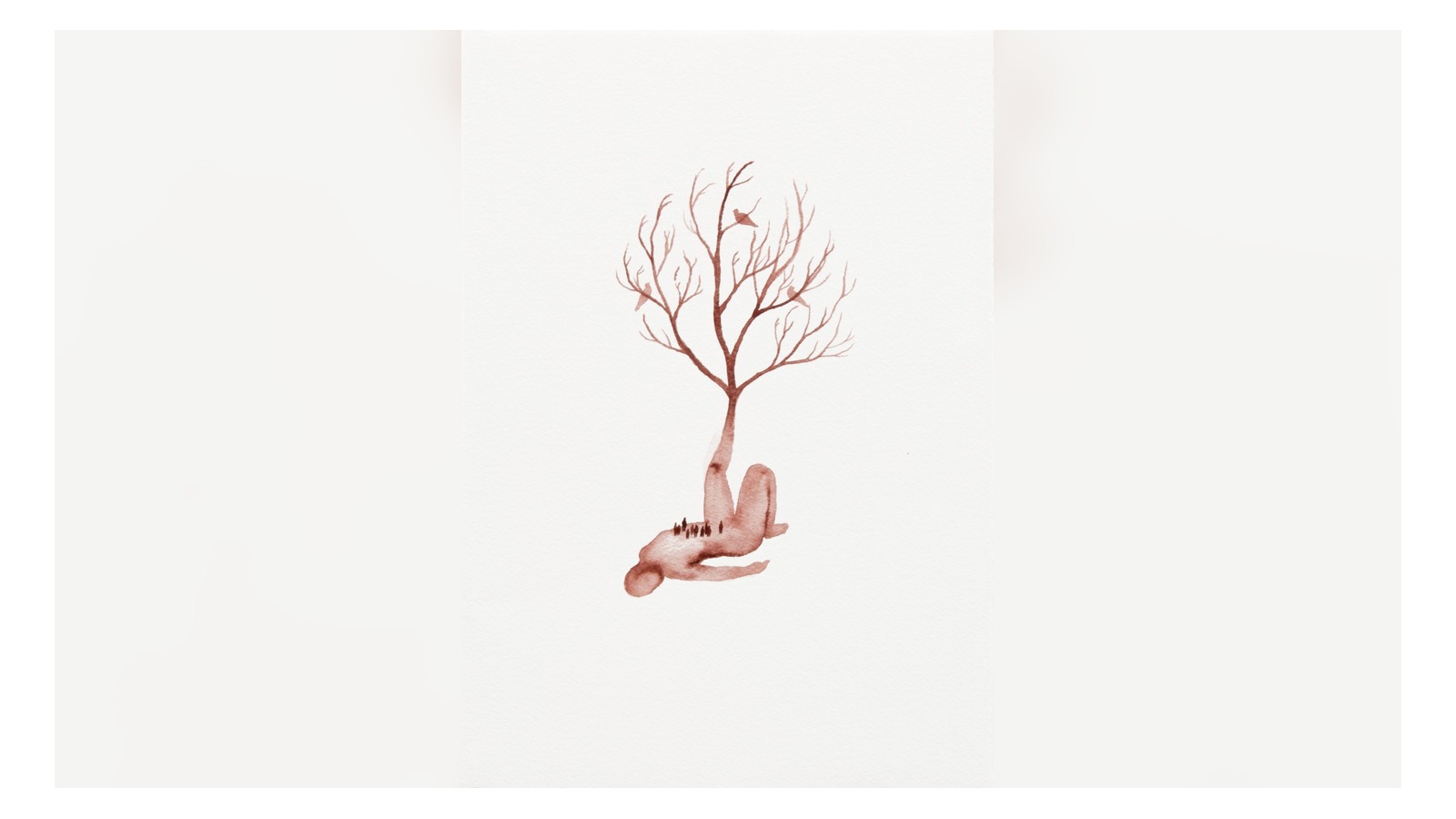 Corps féminin hybride prolongé par un arbre dans une œuvre sur papier d’Odonchimeg Davaadorj à la Fondation Bullukian.