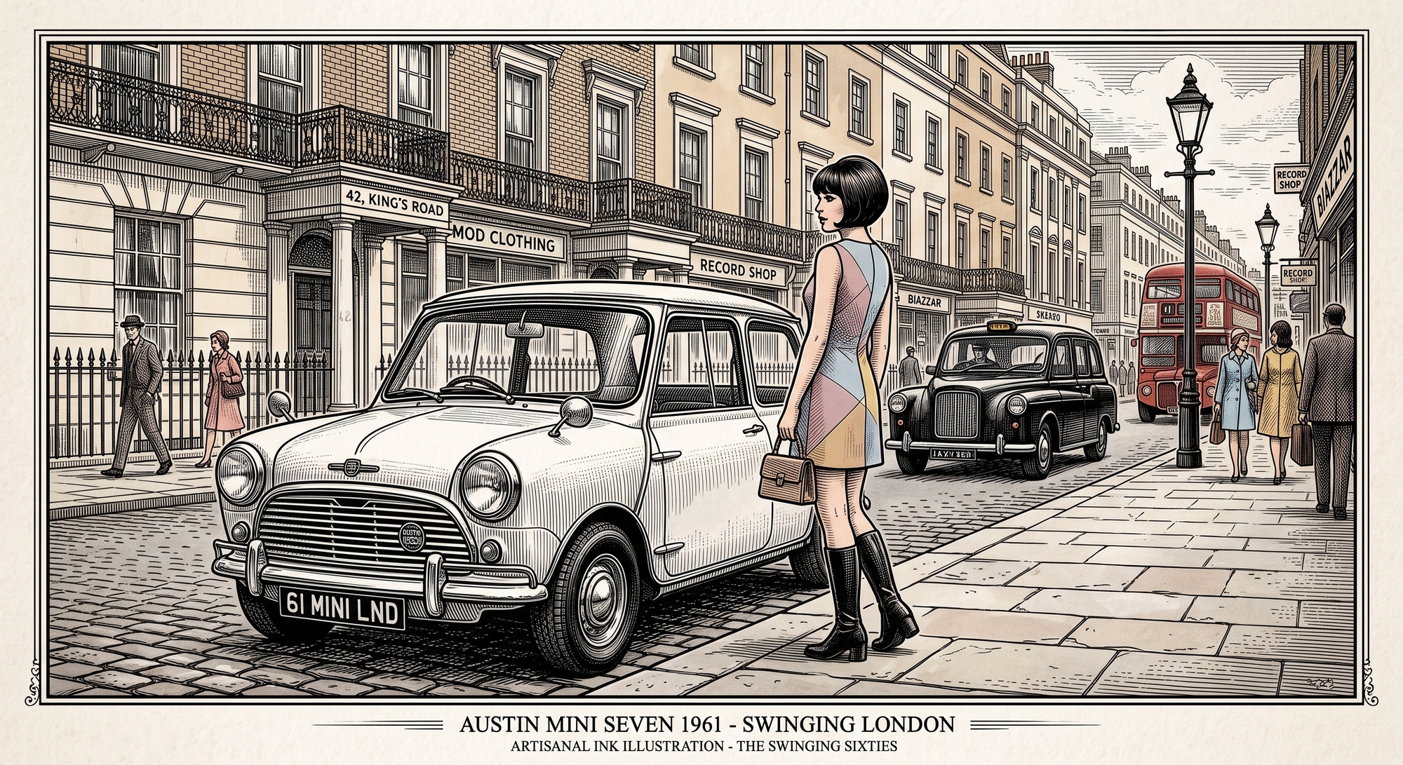 Austin Mini blanche vintage dans les rues de Londres