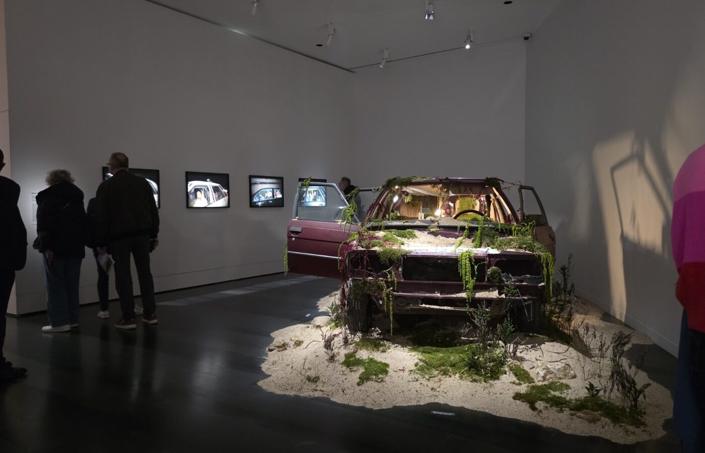Vue de face de la Renault 9 de Bianca Bondi, entourée de végétaux et de sel, au Large sur l’île Seguin.