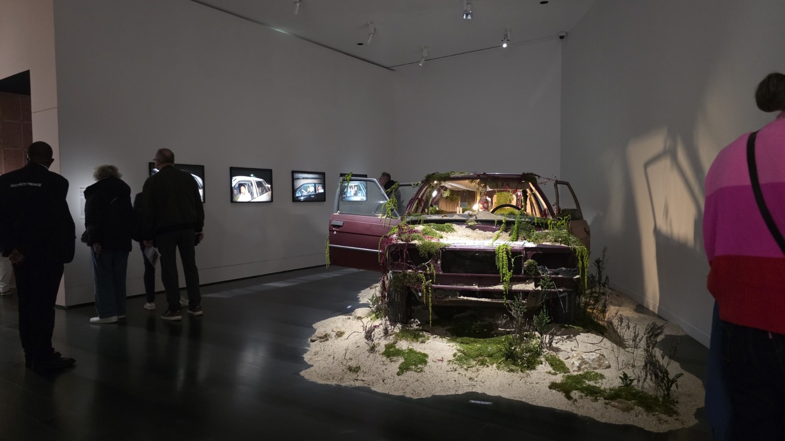 Vue de face de la Renault 9 de Bianca Bondi, entourée de végétaux et de sel, au Large sur l’île Seguin.