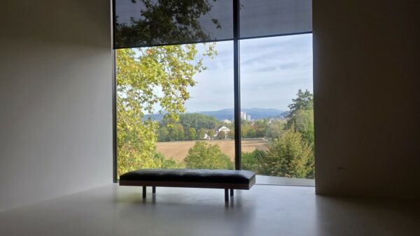 Grande baie vitrée du bâtiment de Peter Zumthor à la Fondation Beyeler, ouverte sur le champ et le ciel.