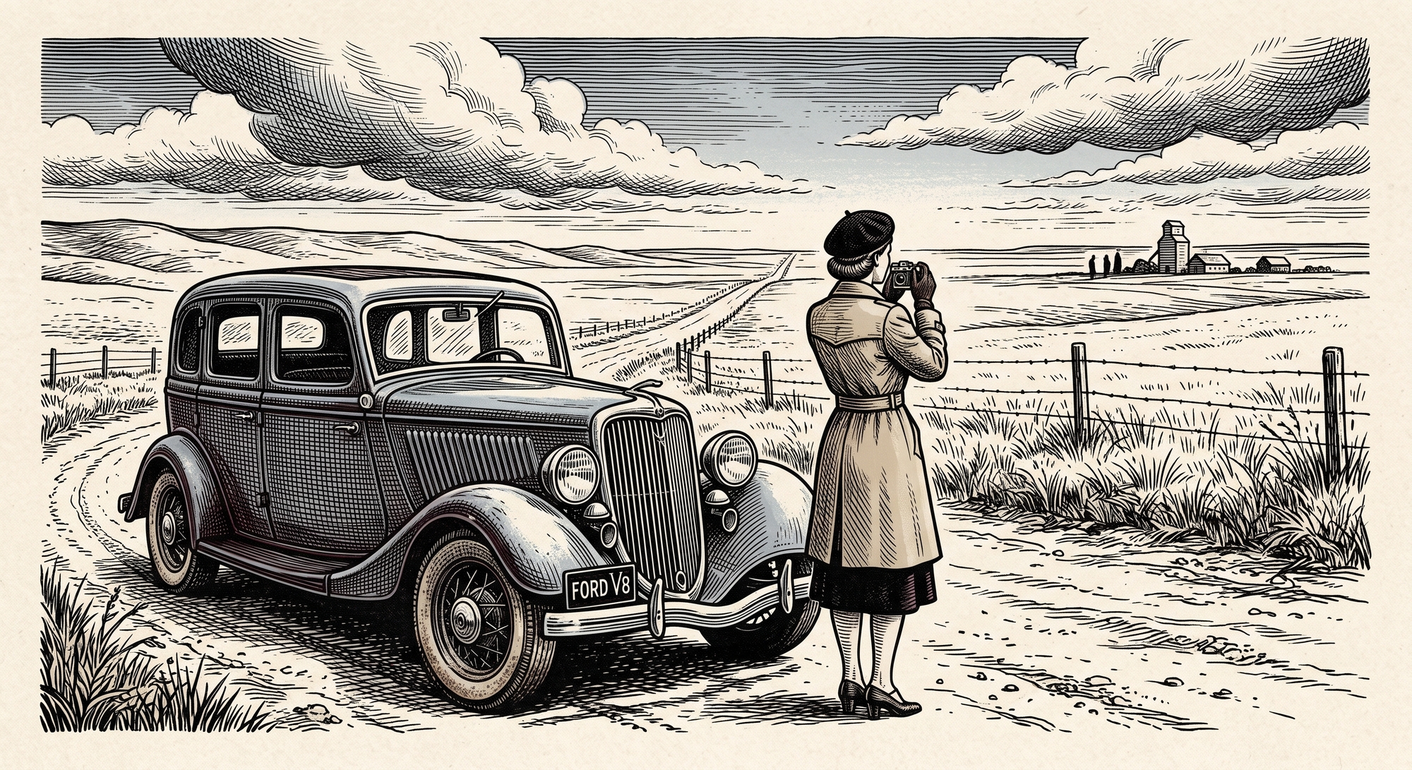 Ford V8 Bonnie et Clyde sur une route du Midwest
