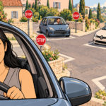 Illustration de Vanessa Quang au volant, hésitant face aux autres automobilistes à un carrefour à quatre stops.