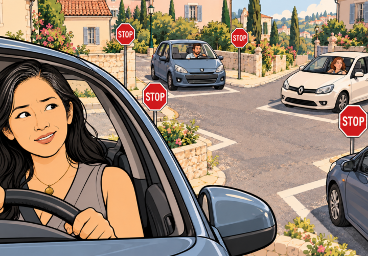 Illustration de Vanessa Quang au volant, hésitant face aux autres automobilistes à un carrefour à quatre stops.