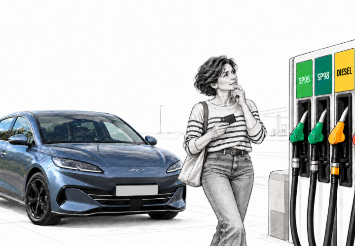 Une femme dessinée en noir et blanc compare les pompes SP95, SP98, diesel et premium, à côté d’une BYD Seal 6 bleue sur fond blanc.